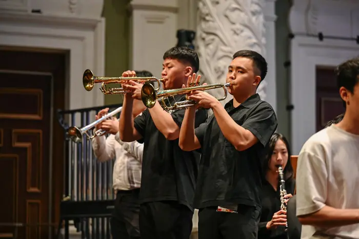 VENTUS trumpets standing for a solo at rehearsal, Victoria Concert Hall